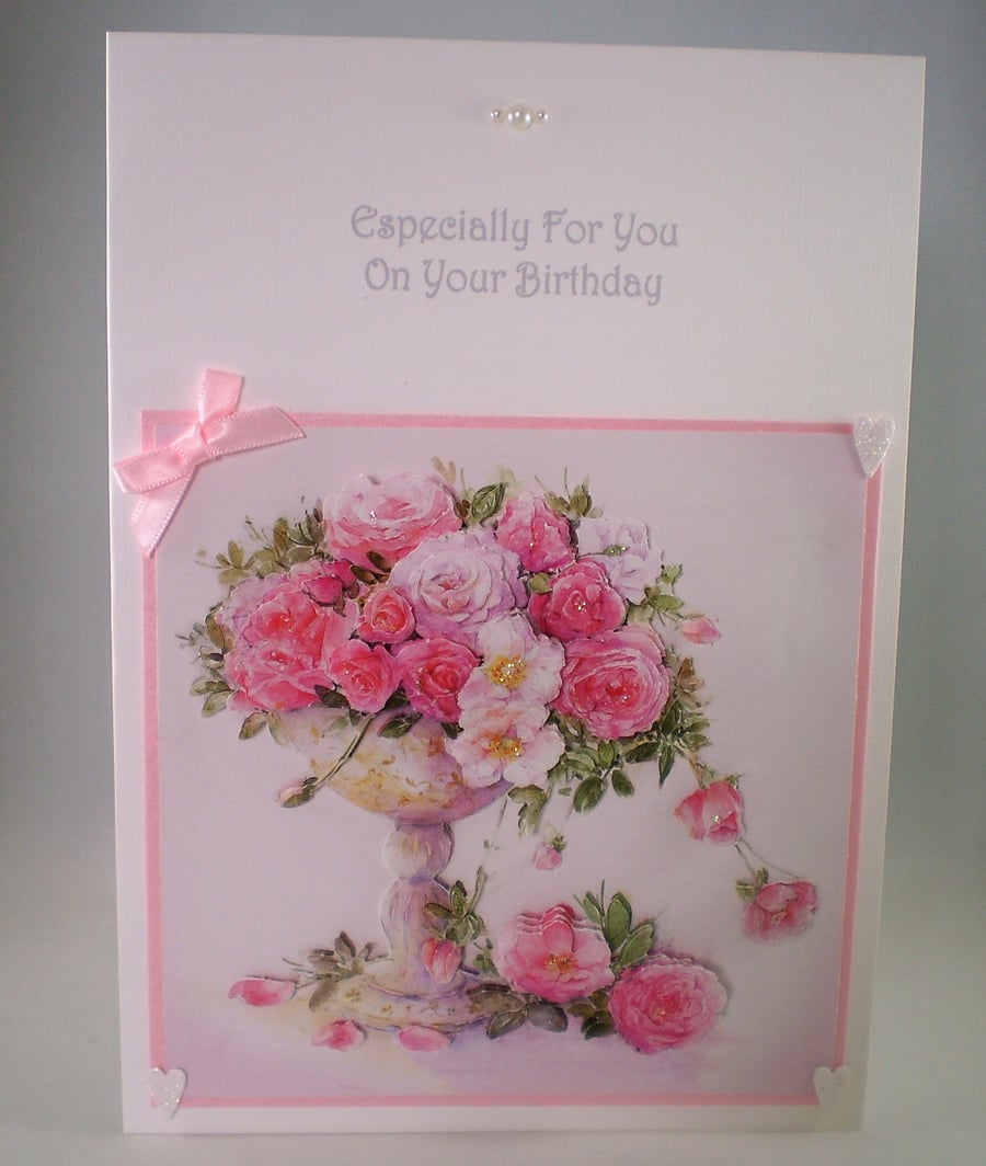 Handmade Decoupage roses birthday card,personalise,3D