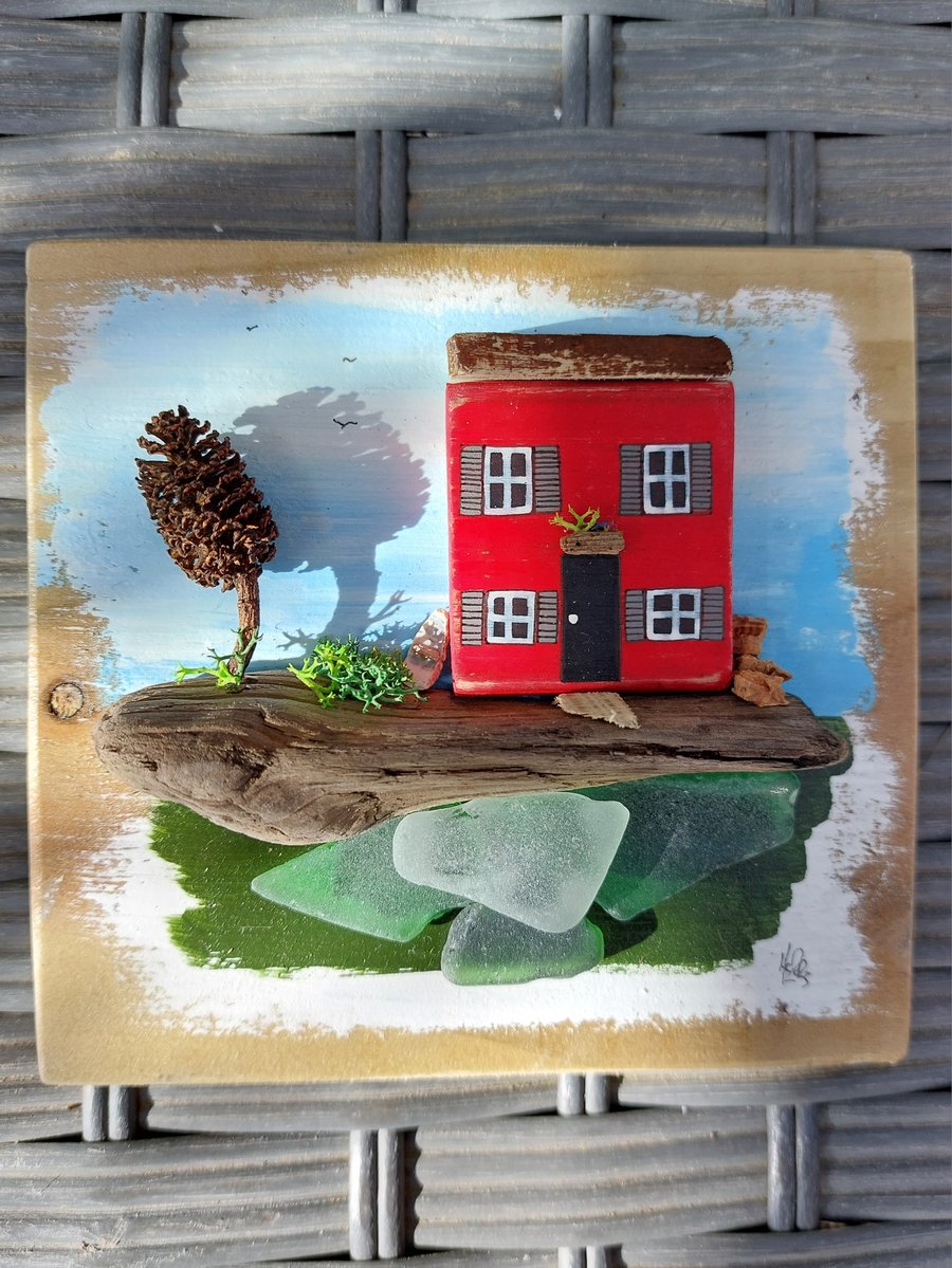 Driftwood Red Painted Cottage on Reclaimed Wood, Sustainable and Recycled Gift