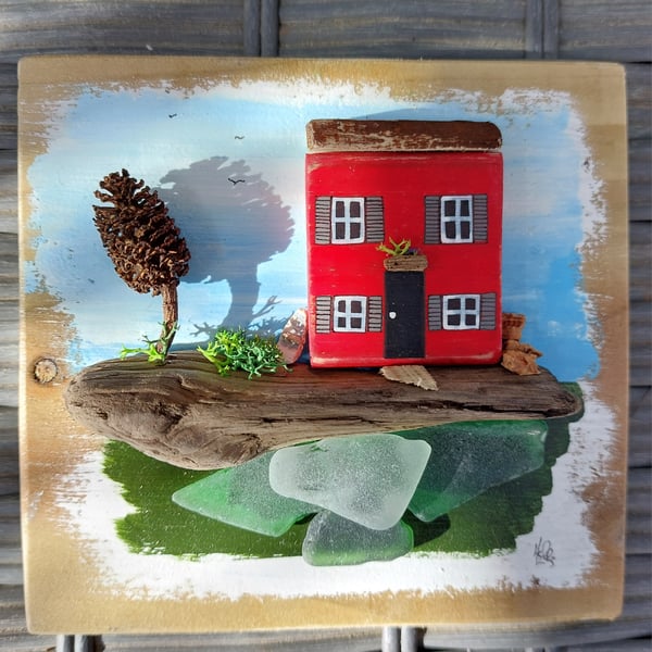 Driftwood Red Painted Cottage on Reclaimed Wood, Sea Glass, Sustainable Gift