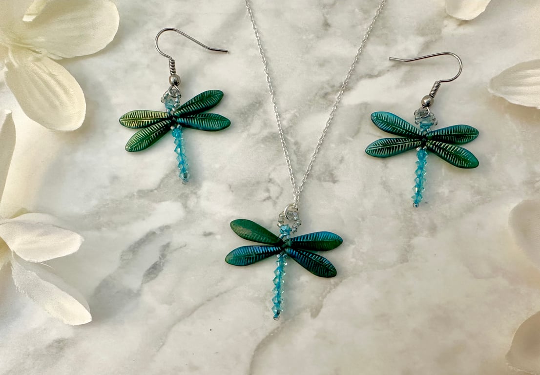 Dragonfly Necklace & Earring Set - Sapphire Matt Laser Feather