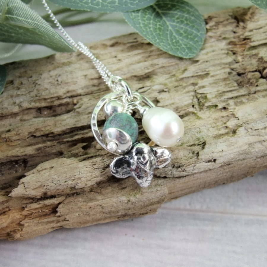 Sterling Silver Bee Charm Necklace with Pearl and Turquoise - Seconds Sunday 