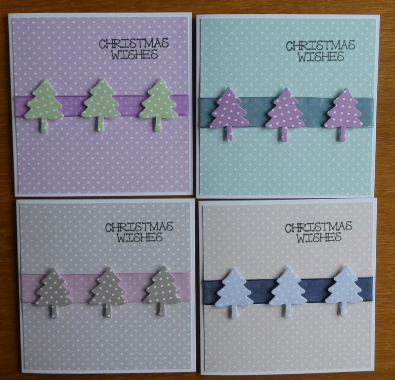 Set of 4 Polka Dot Christmas Tree Cards - Pastels