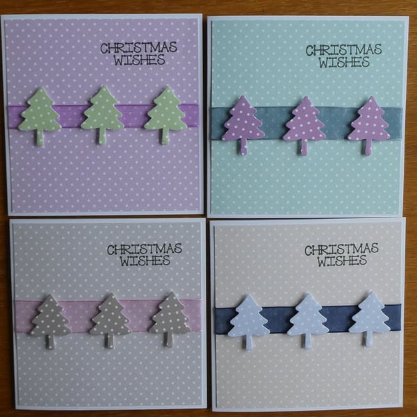 Set of 4 Polka Dot Christmas Tree Cards - Pastels