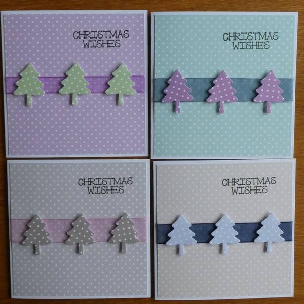 Set of 4 Polka Dot Christmas Tree Cards - Pastels