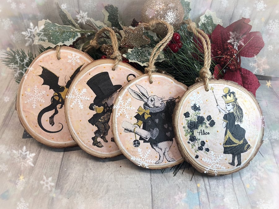 Alice in Wonderland rustic log slice Christmas tree decorations - set of 4 