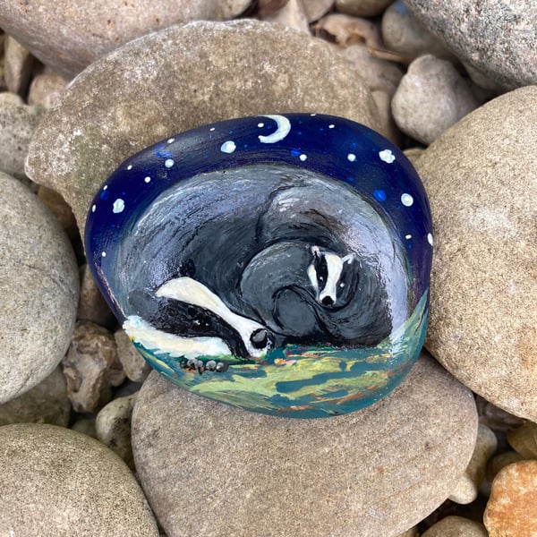 Badger Mother & Cub Hand Painted Stone Rock Art Woodland Animal Gift Ornament