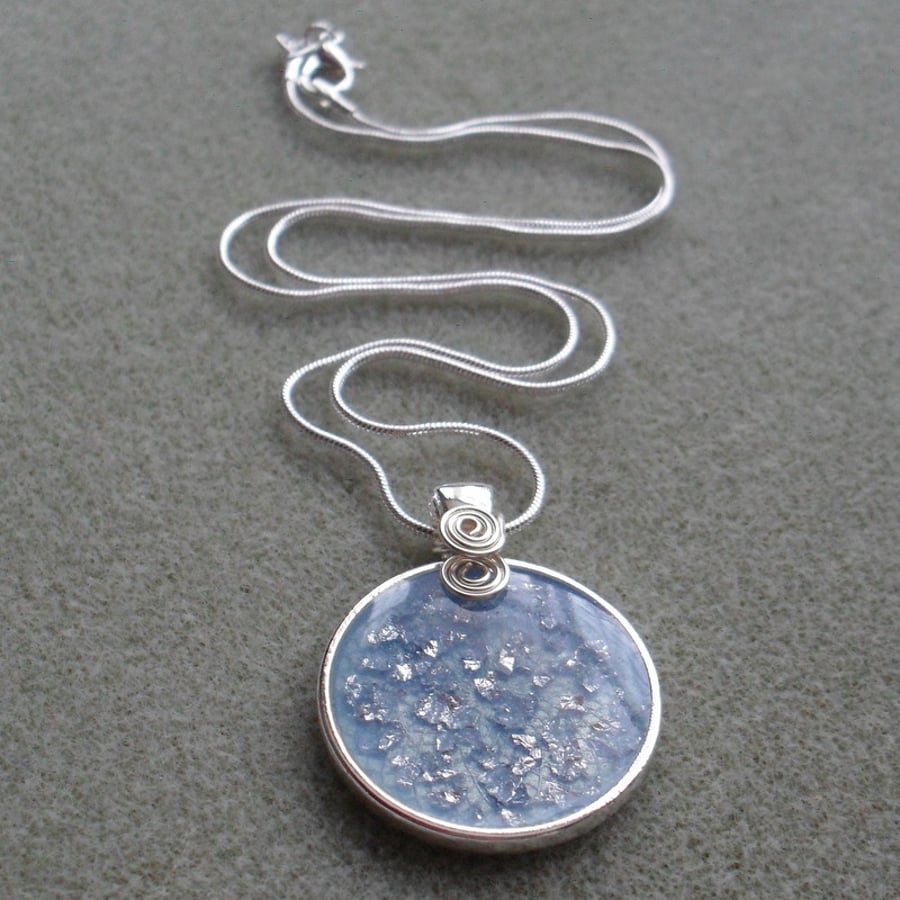 Pale Blue and Silver Handmade Resin Pendant