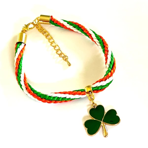 Gold Tone Shamrock Charm (24x22mm) on Green White & Gold Kumihimo Bracelet.