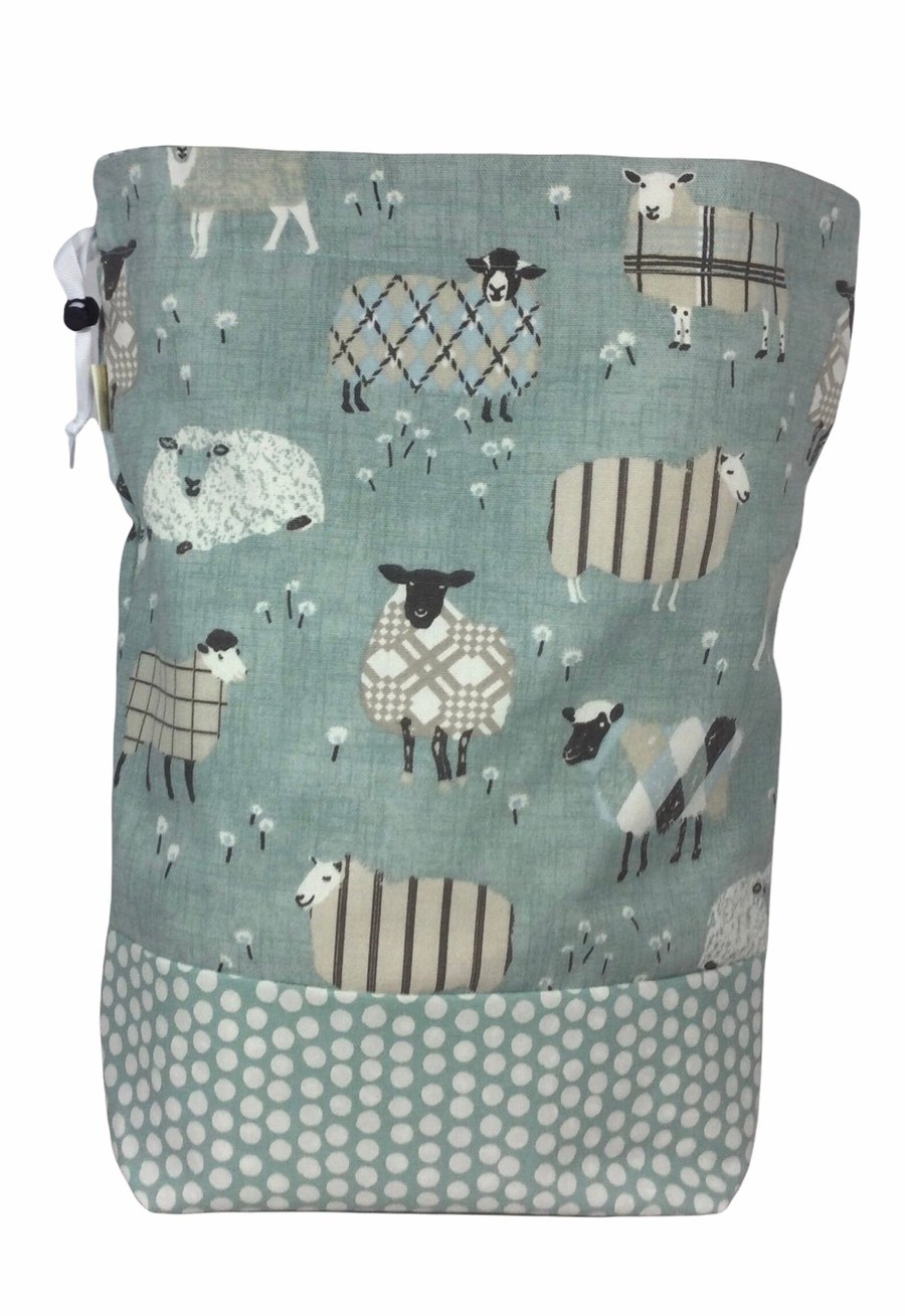Extra Large two at a time knitting bag with sheep, divided drawstring wristlet, 
