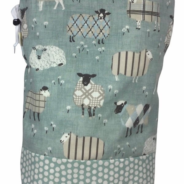 Extra Large two at a time knitting bag with sheep, divided drawstring wristlet, 