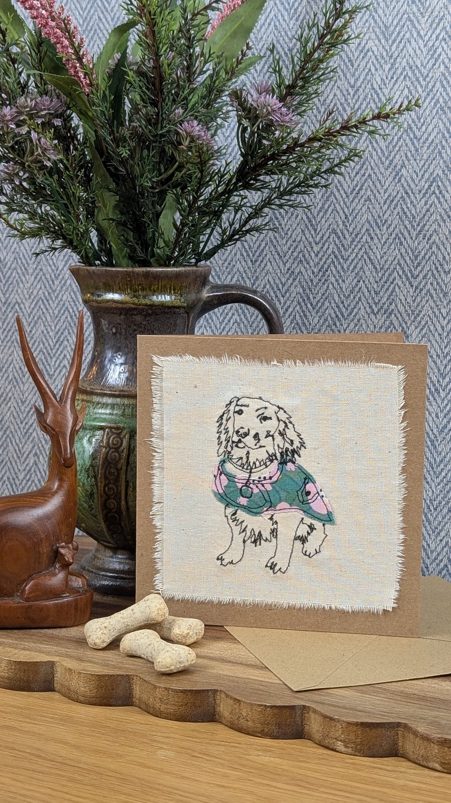 Spaniel - blank card - handmade stitched dog card, birthday card, greetings card