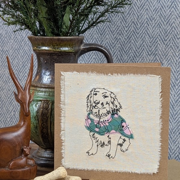 Spaniel - blank card - handmade stitched dog card, birthday card, greetings card
