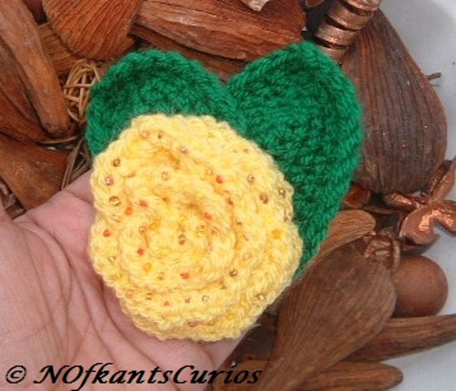 Texas Rose!  Yellow Beaded Crocheted Rose Corsage.