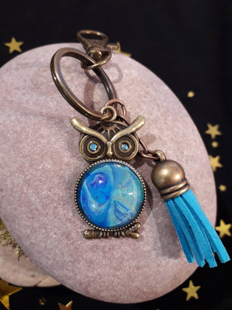 Bronze Coloured Owl Keyring Bag or Charm with Acrylic Paint Poured Cabachon 