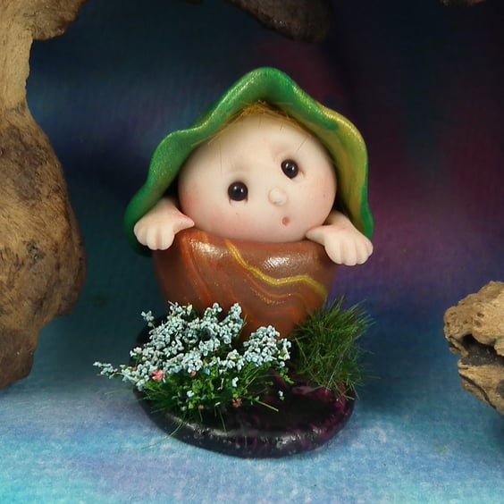 Tiny Potted Garden Gnome 'Timmy' on floral base OOAK Sculpt by Ann Galvin