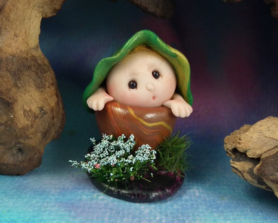 Tiny Potted Garden Gnome 'Timmy' on floral base OOAK Sculpt by Ann Galvin