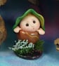 Tiny Potted Garden Gnome 'Timmy' on floral base OOAK Sculpt by Ann Galvin
