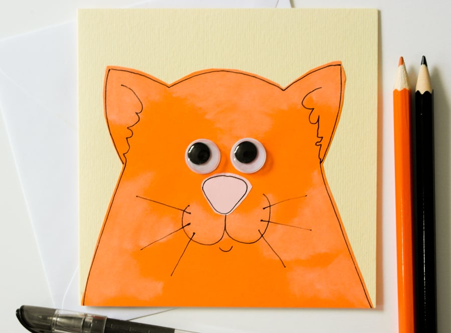 Cute Animal Ginger Cat Handmade Greeting Card