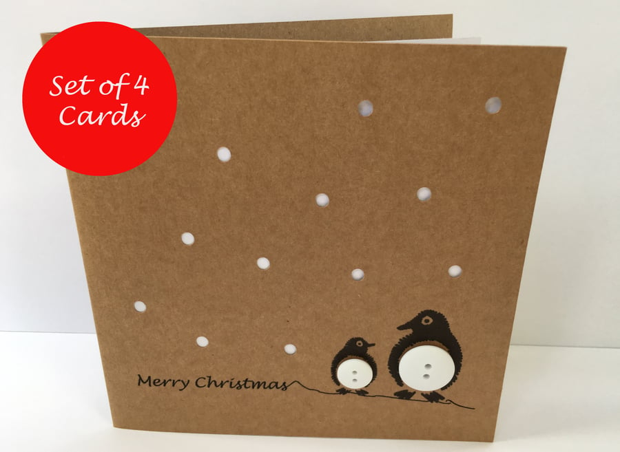 Set of 4 Penguin Christmas Cards with buttons