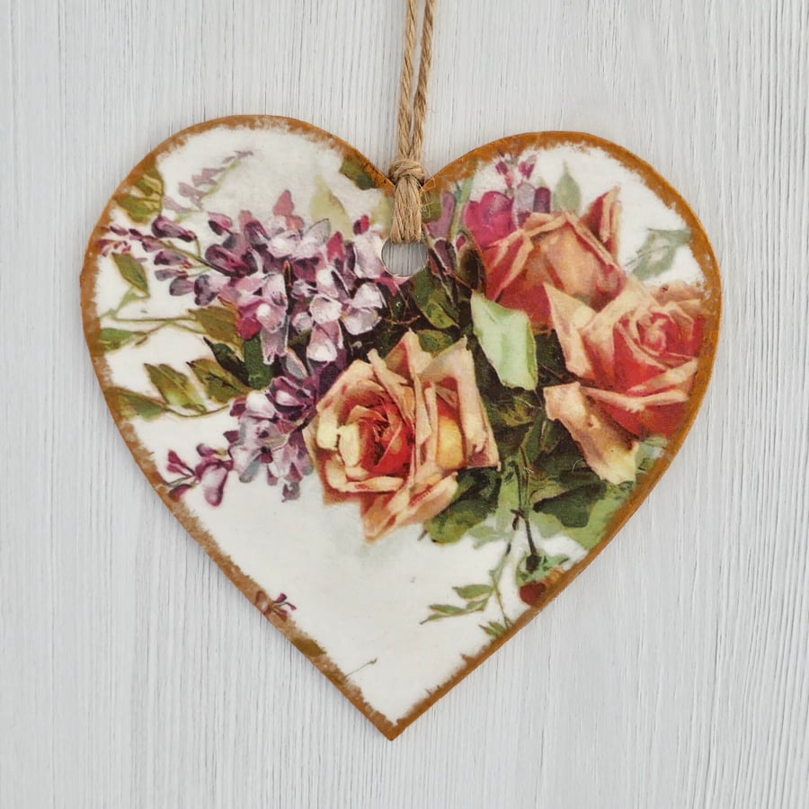 Decoupaged Wooden Hanging Heart: Peach Roses design 6” (15cm)