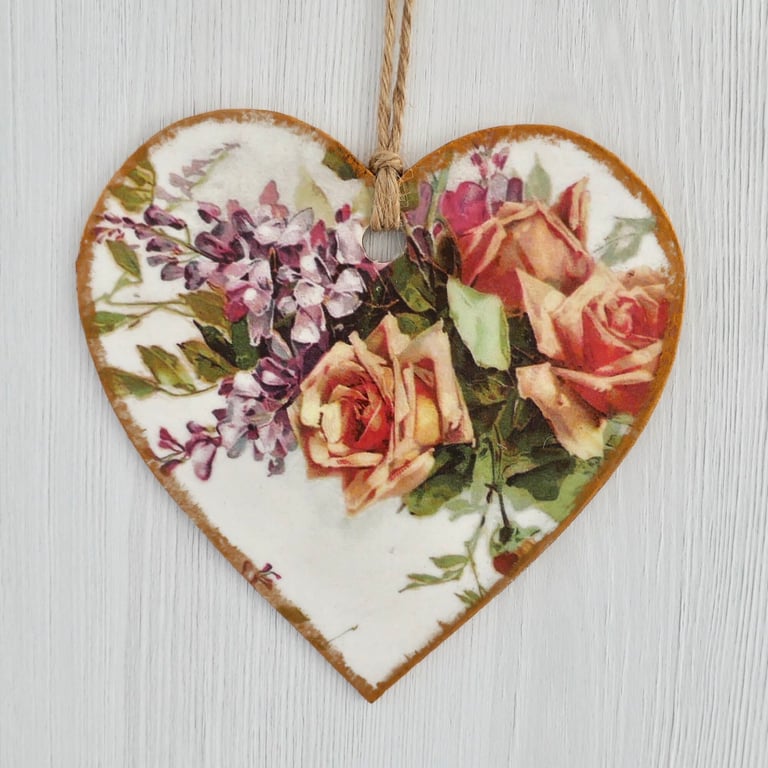 Decoupaged Wooden Hanging Heart: Peach Roses design 6” (15cm)