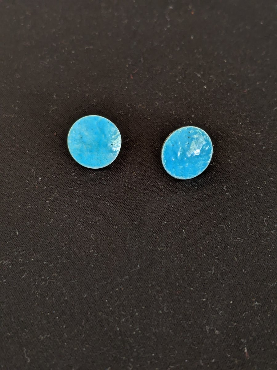 handmade fine silver stud earrings with transparent blue enamel 