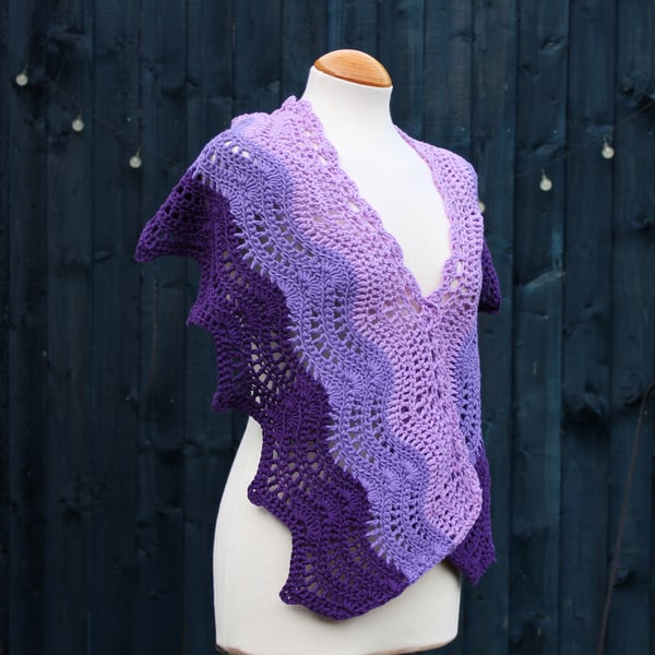 Crochet wrap in three shades of purple 100% cotton, wool free - design A193