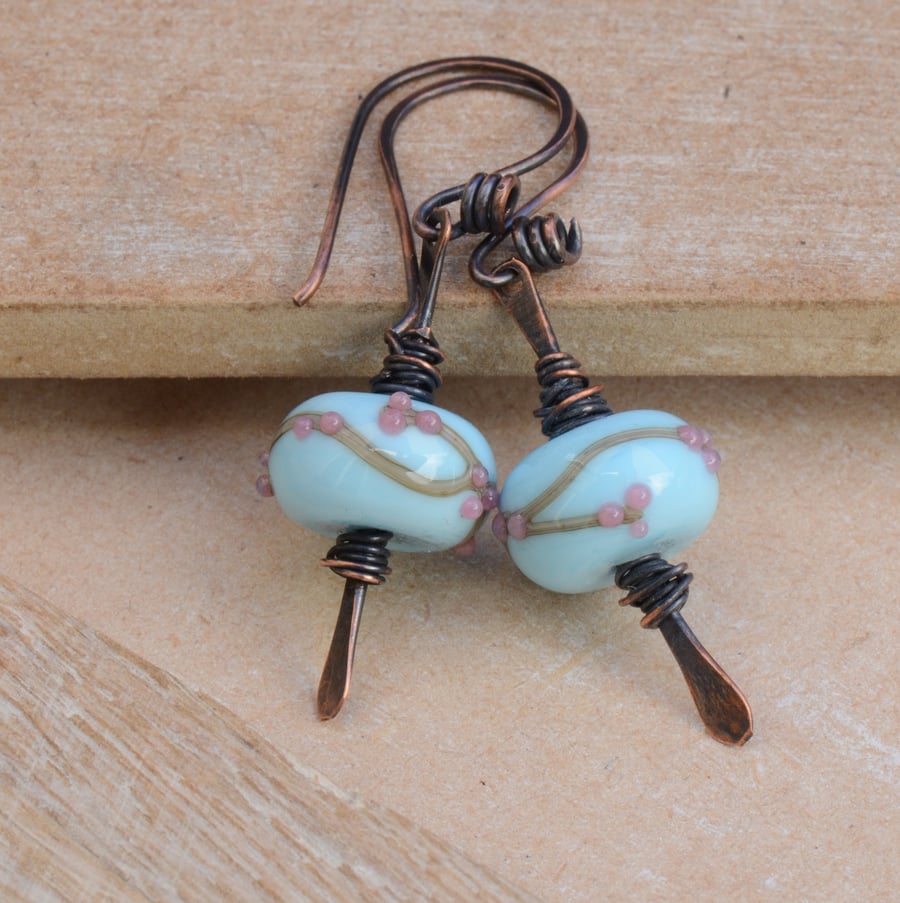 Lampwork Glass Pale Blue Blossom Bead and Copper Earrings
