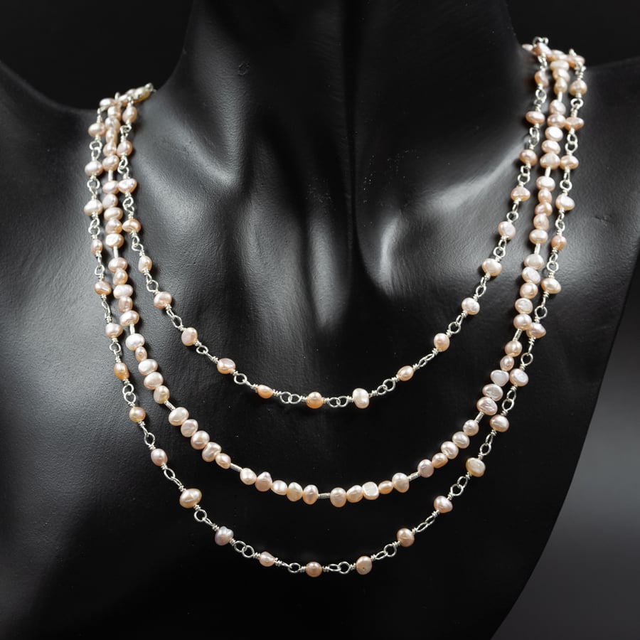 Pale pink freshwater pearl 3 strand necklace, natural pearl necklace