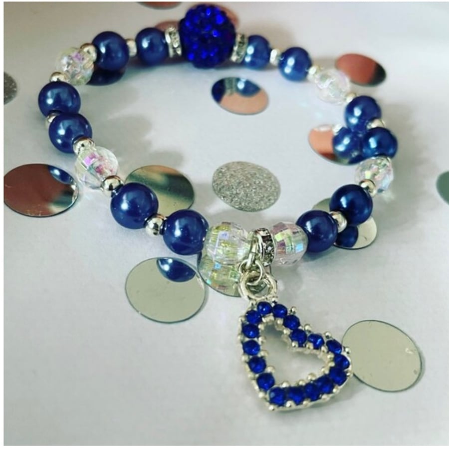 Blue rhinestone heart charm stretch beaded bracelet toddler kids adults sizes 