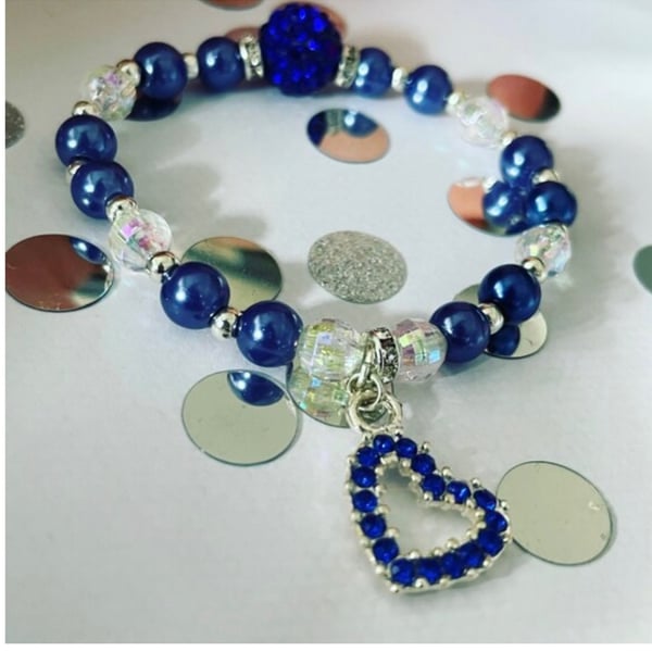 Blue rhinestone heart charm stretch beaded bracelet toddler kids adults sizes 