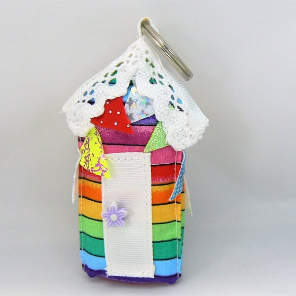 Beach hut keyring  (rainbow stripe with bunting) 