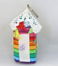 Beach hut keyring  (rainbow stripe with bunting)  - Image 1