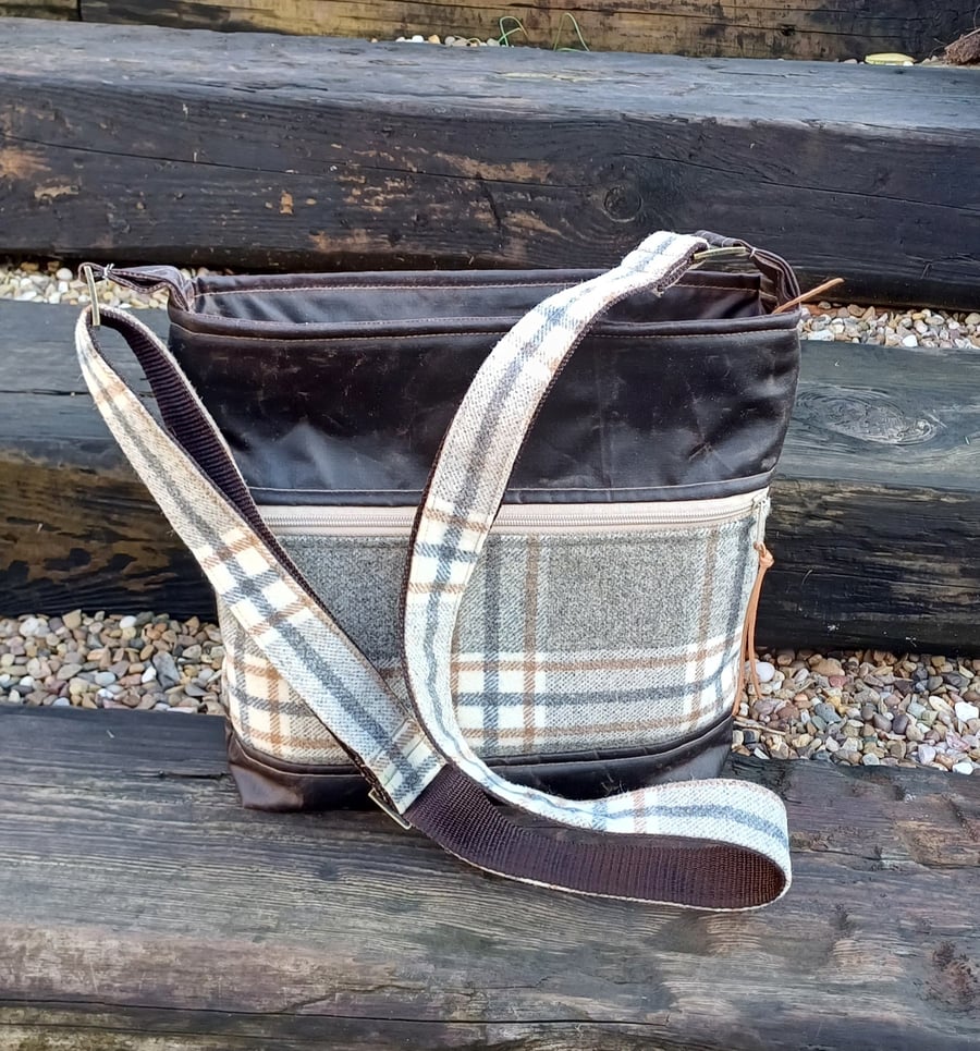 Wax canvas british wool tweed crossbody bag water repellent brown beige bag