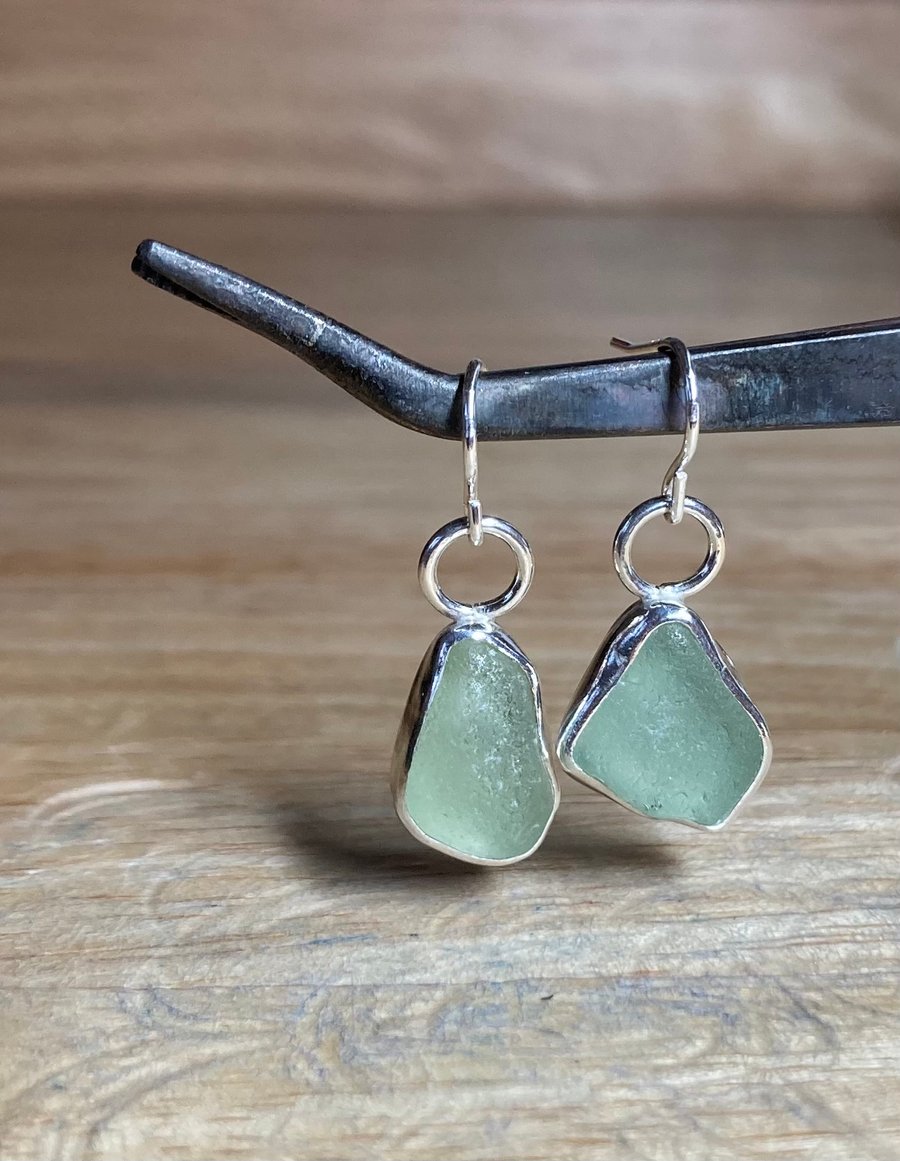 Handmade Sterling & Fine Silver Dangle Earrings With Sage Green Welsh Sea-Glass