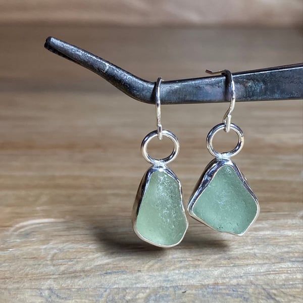 Handmade Sterling & Fine Silver Dangle Earrings With Sage Green Welsh Sea-Glass