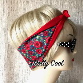 Red Rose on Blue Denim Chambray Hair Tie Rockabilly Head Scarf by Dolly Cool - R