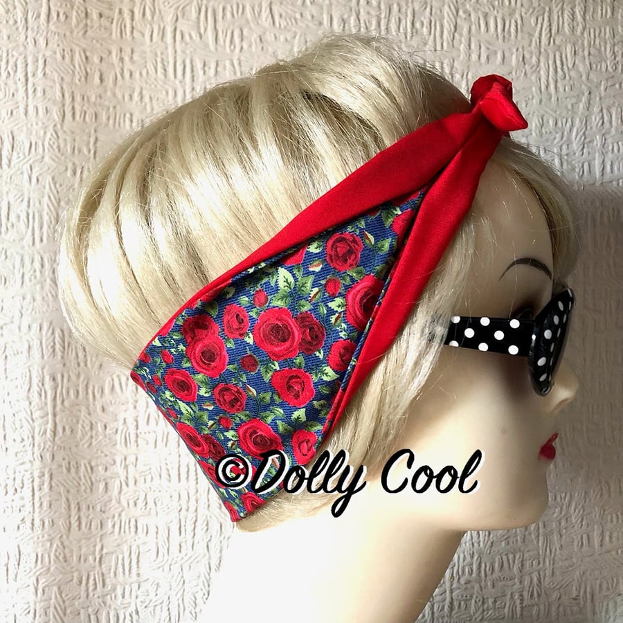 Red Rose on Blue Denim Chambray Hair Tie Rockabilly Head Scarf by Dolly Cool - R