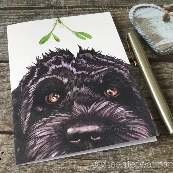 Cockapoo Christmas Card. Black Cockerpoo dog Christmas card.