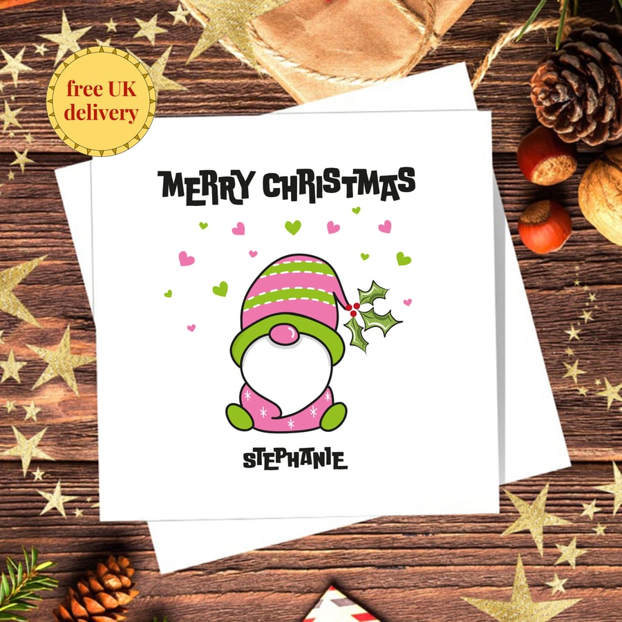 Gonk Christmas Card, pink, personalised, blank inside