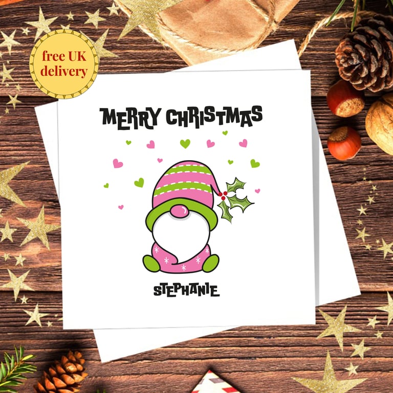 Gonk Christmas Card, pink, personalised, blank inside