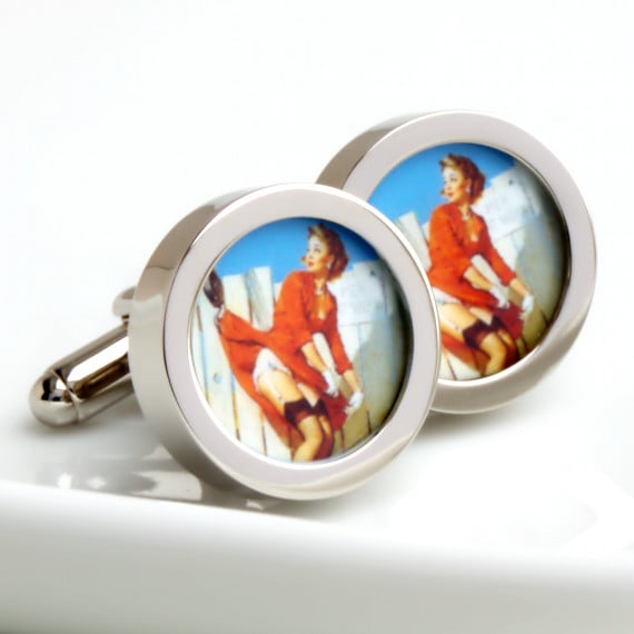  Vintage Pin Up Cufflinks of Woman in a Red Dress