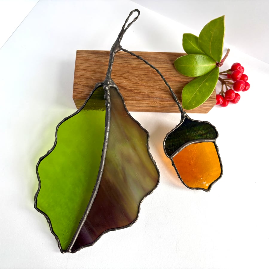 Stained glass oak leaf and acorn branch suncatcher, Autumnal window hanging