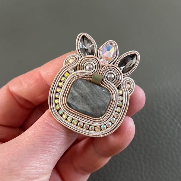 Large Soutache Ring with Labradorite and Swarovski Crystals – Handmade Ring