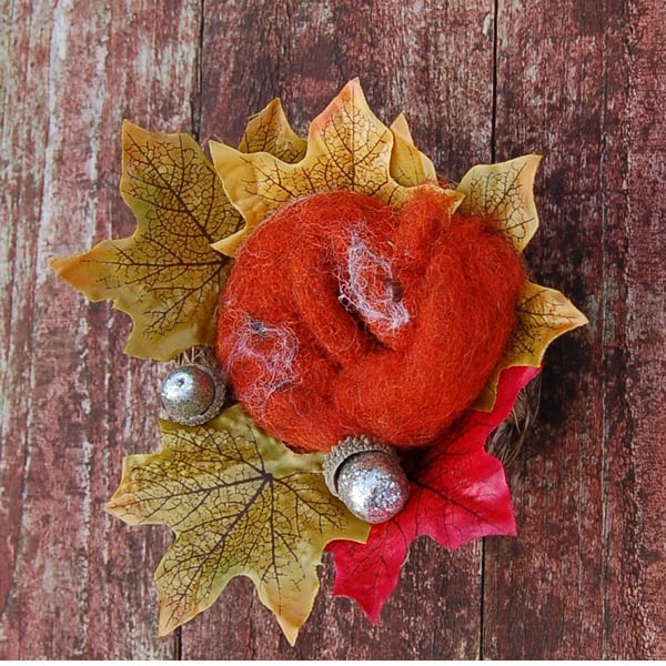 Baby Red Squirrel Displayed in Leaf Nest. Fibre Art Squirrel Needlefelt Squirrel