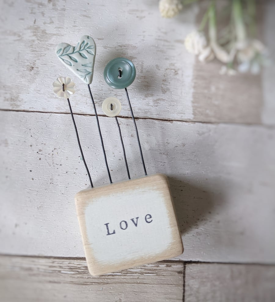 Clay Heart and Button Flowers in a Painted Wood Block 'Love'