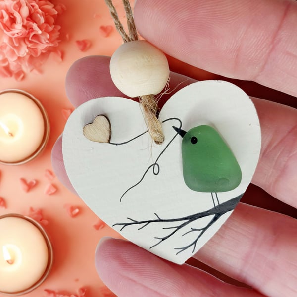Sea Glass Bird Hanging Heart - Beach Glass Bird - Wooden Decoration Gift Tag