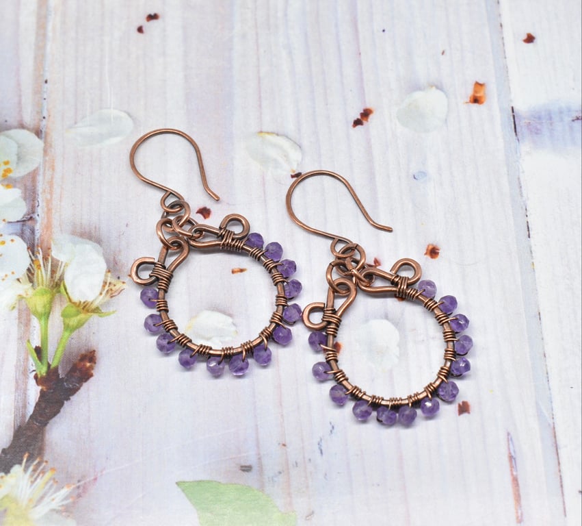 Faceted Amethyst and Copper Hoop Earrings