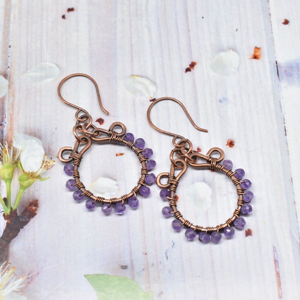 Faceted Amethyst and Copper Hoop Earrings