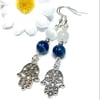 Blue Banded Agate Gemstone Beaded Hamsa Hand Charm Dangle Drop Earrings 